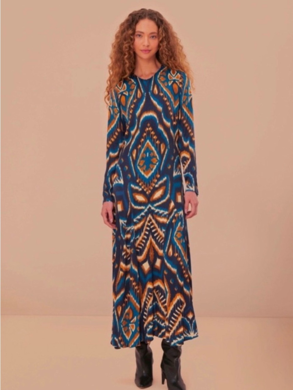FARM Rio Blue & Gold Ikat-Style Long Sleeve Maxi Dress